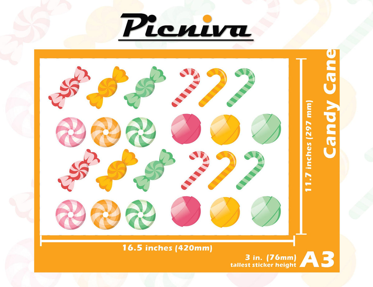 Picniva Candy Cane Clear Vinyl Wall Stickers, A3, 3 in Tallest
