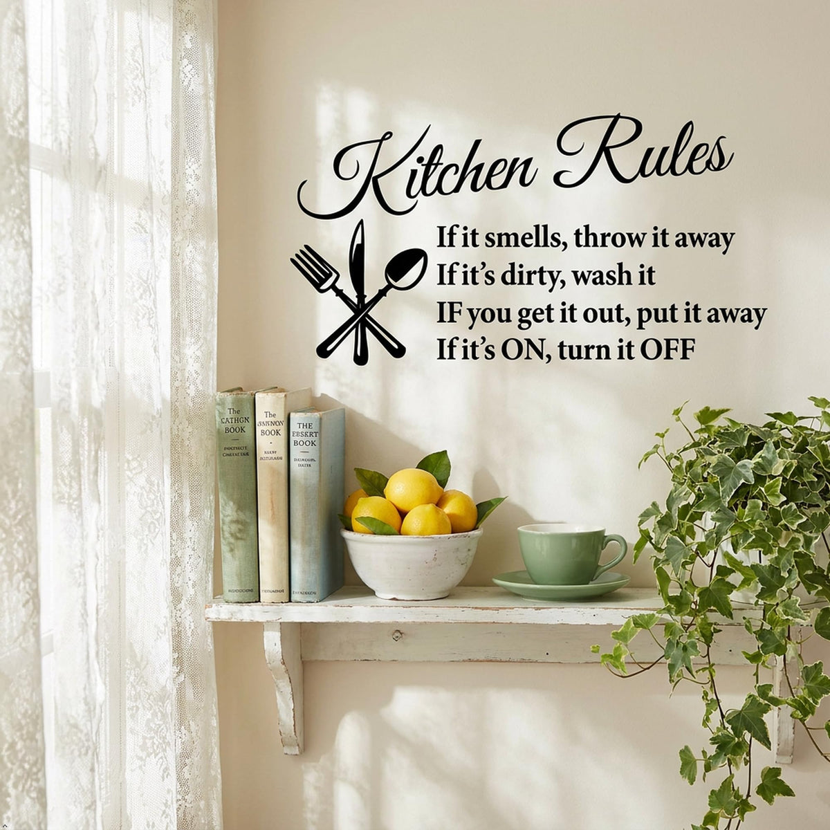 Picniva White 26x16 Kitchen Rules Vinyl Wall Decal Dining Quote Decor