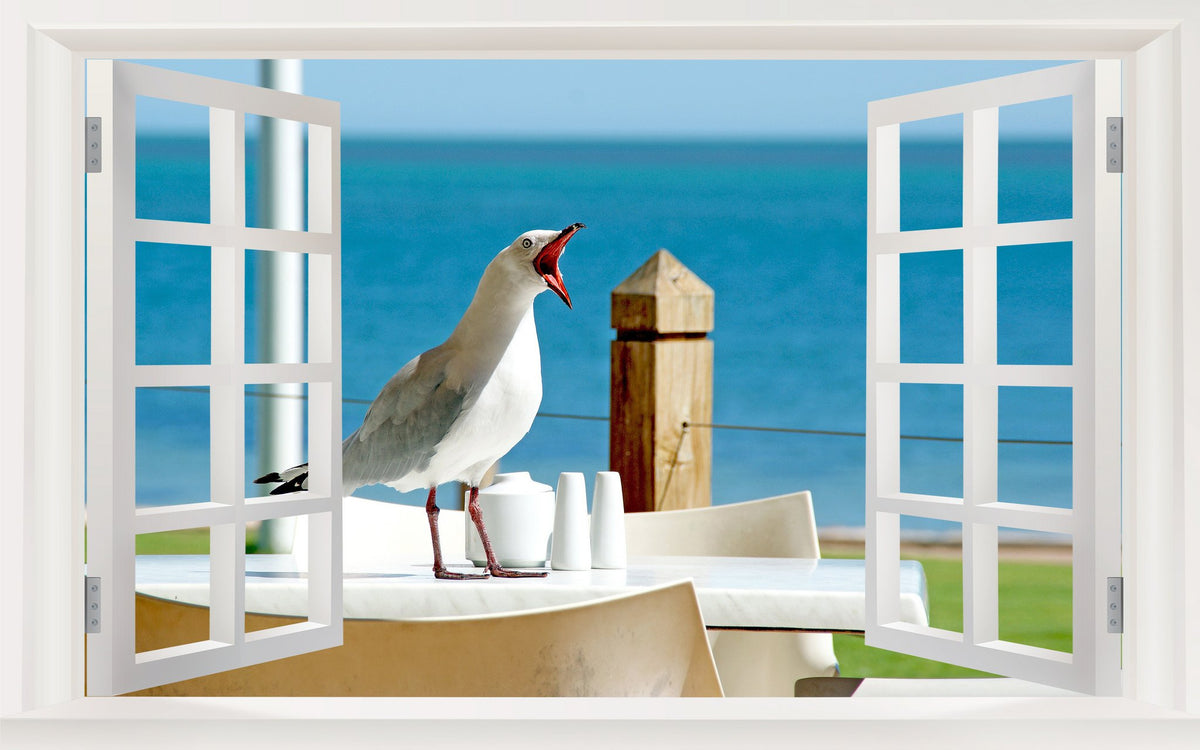 Picniva Seagull Coastal Cafe 3D Faux Window Wall Mural Decal, 22 x 14 in