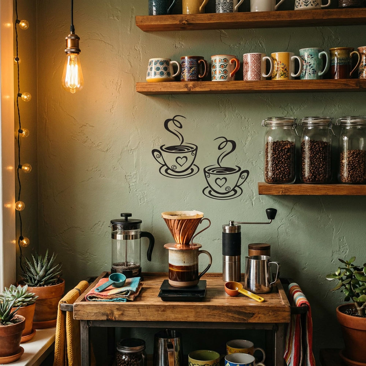 Decaltor Dual Coffee Cup Vinyl Wall Decal, Black, 12 x 7 in, Home Decor