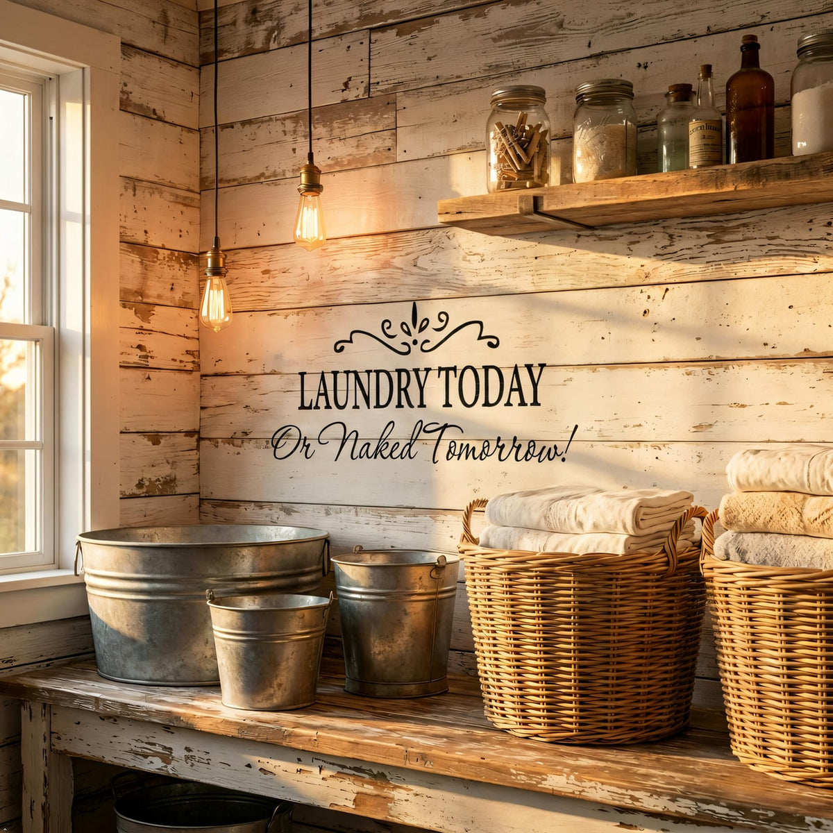 Picniva Laundry Today or Naked Tomorrow Wall Decal, White 15 x 32 in