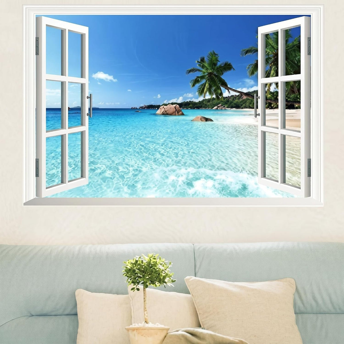 Picniva Beach Window Vinyl Wall Decal, Ocean View, 10 x 15 in
