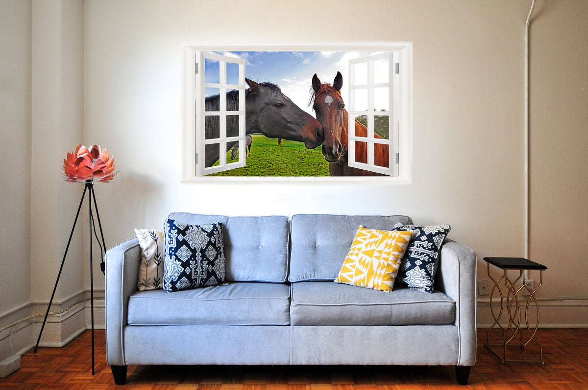 Picniva Horse Pair Pasture 3D Faux Window Wall Mural Decal, 22 x 14 in