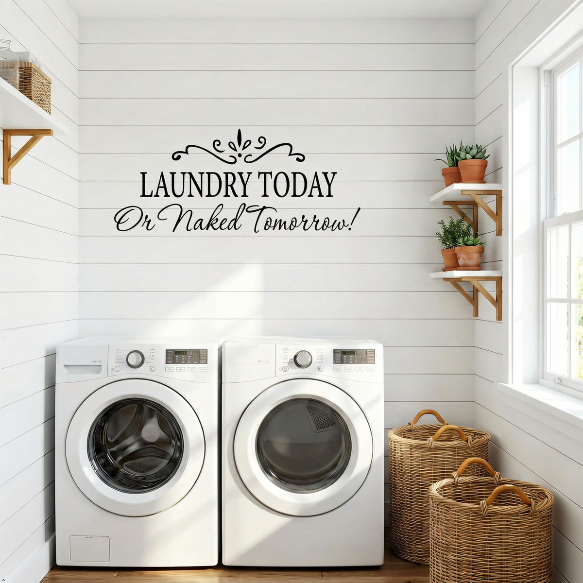 Picniva Laundry Today or Naked Tomorrow Wall Decal, White 15 x 32 in