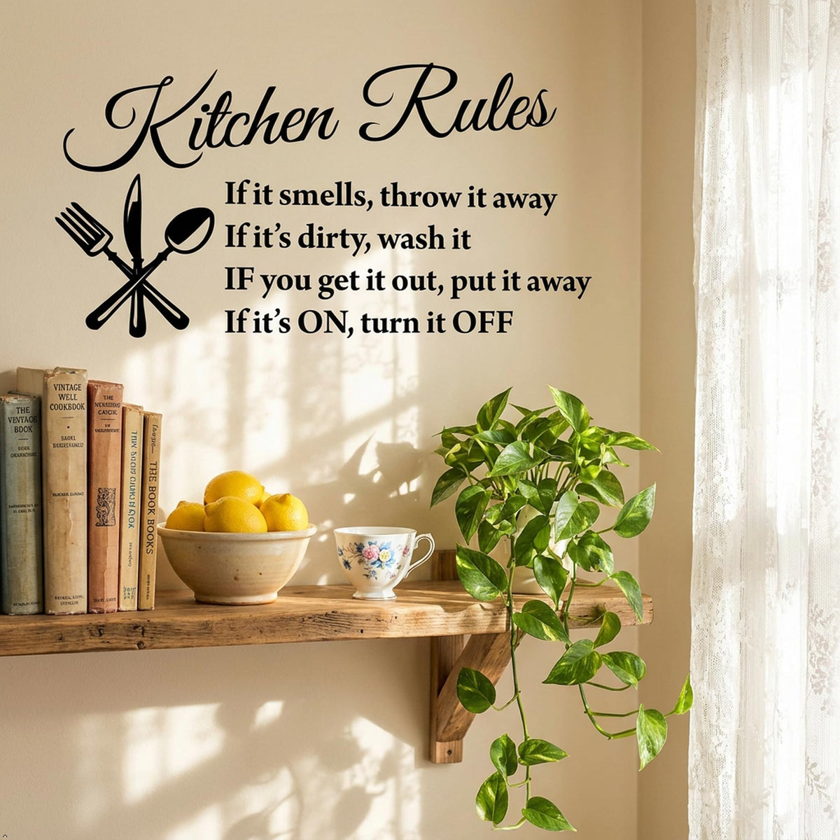 Picniva White 26x16 Kitchen Rules Vinyl Wall Decal Dining Quote Decor
