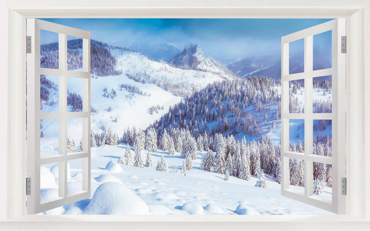 Picniva Snowy Forest Valley 3D Faux Window Wall Mural Decal, 22 x 14 in