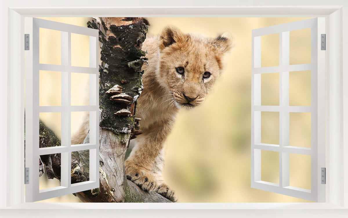 Picniva Lion Cub Beside Tree 3D Faux Window Wall Mural Decal, 22 x 14 in