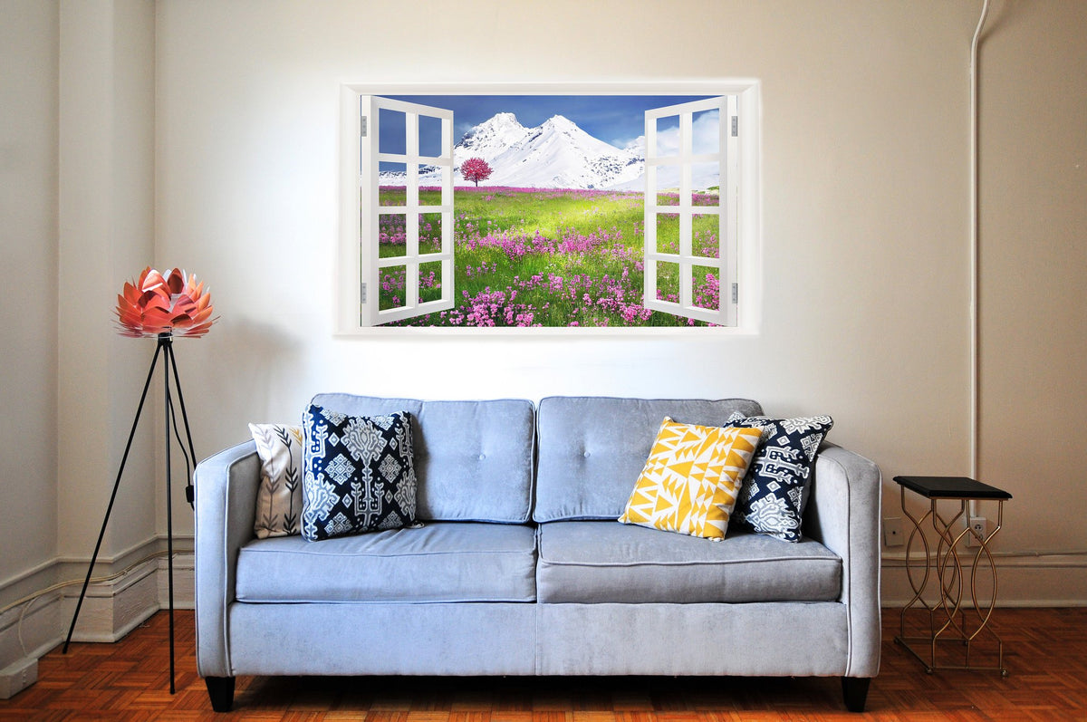 Picniva Snowy Mountain Meadow 3D Faux Window Wall Mural Decal, 22 x 14 in
