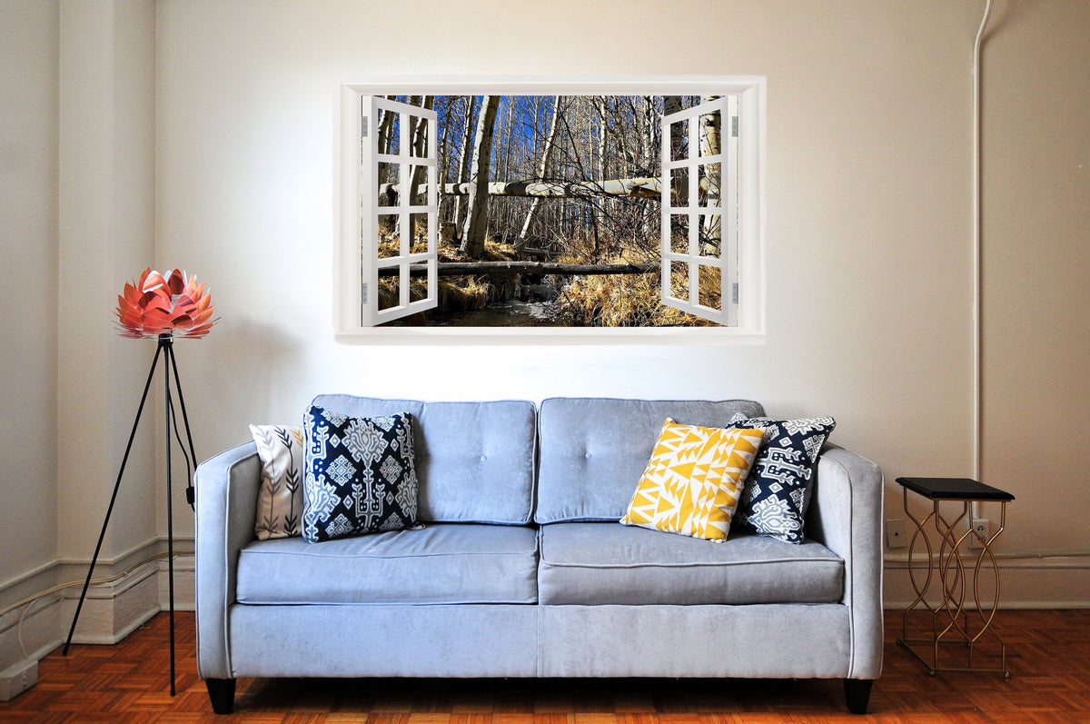 Picniva Woodland Creek Trees 3D Faux Window Wall Mural Decal, 22 x 14 in
