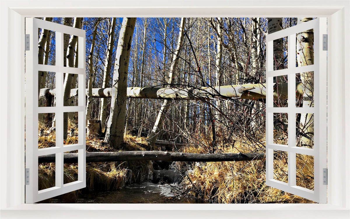 Picniva Woodland Creek Trees 3D Faux Window Wall Mural Decal, 22 x 14 in