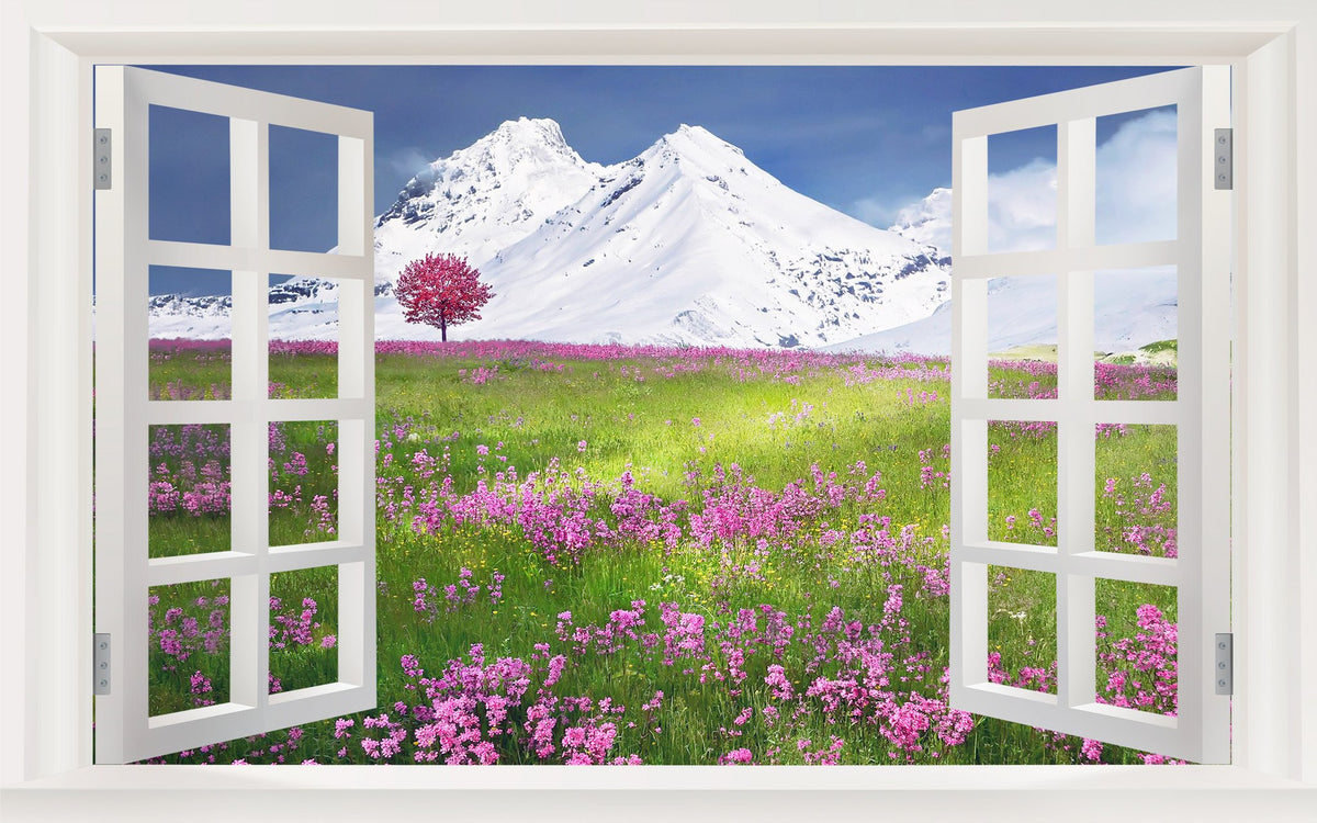 Picniva Snowy Mountain Meadow 3D Faux Window Wall Mural Decal, 22 x 14 in