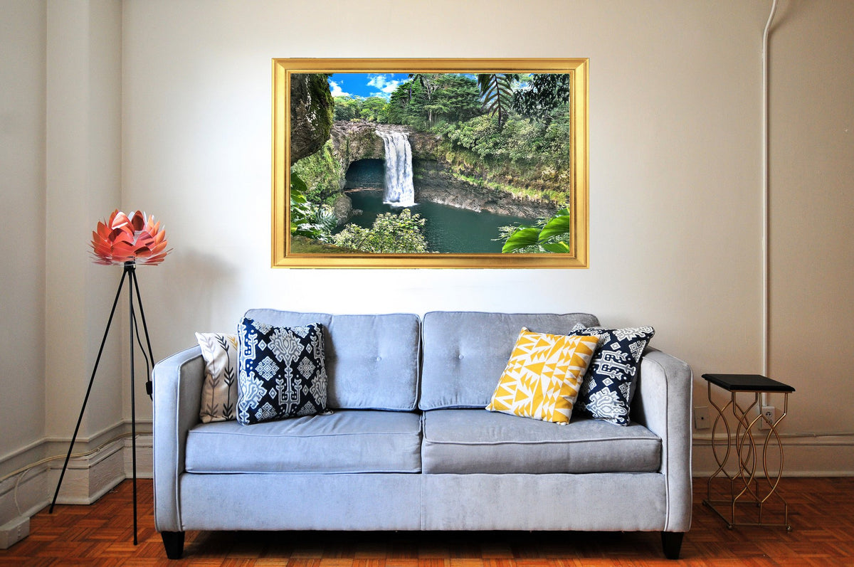 Picniva Forest Waterfall Faux Gold Frame 3D Wall Mural Decal, 22 x 14 in