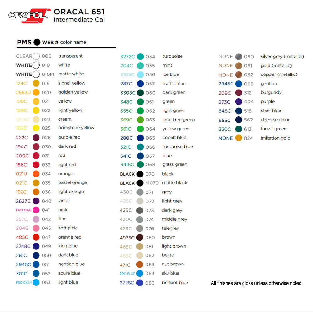 ORACAL 651 Vinyl Color Options Chart